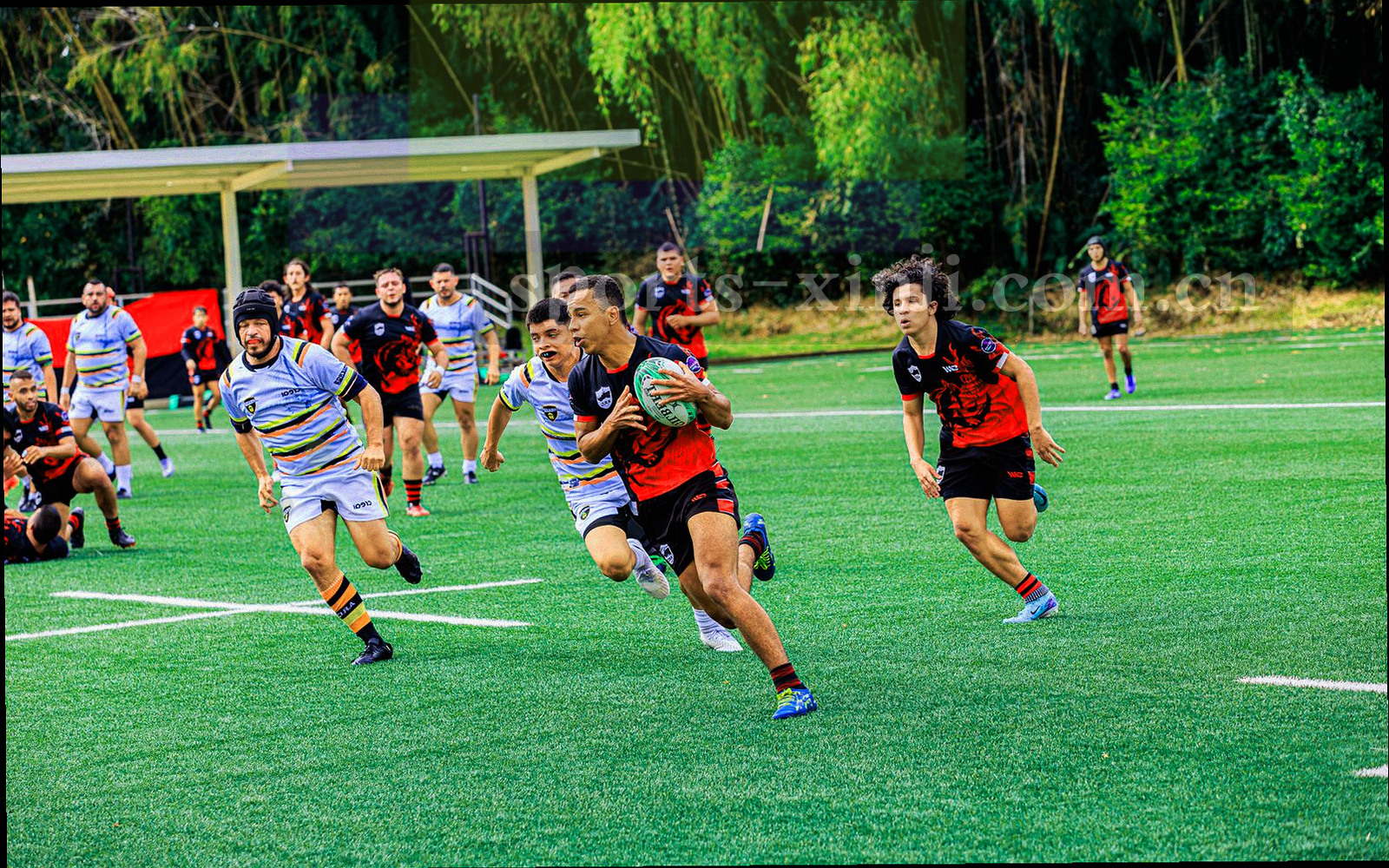 体育场航拍，草地与看台形成大面积色块，冷调低饱和